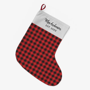 Calcetín Navideño Grande Fiesta personalizada Gingham Rojo Rojo Rústico Neg