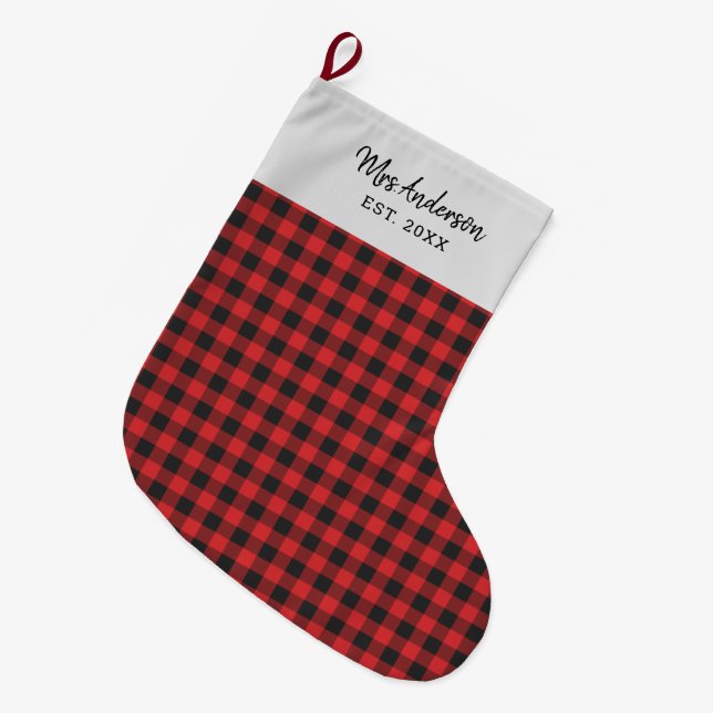 Calcetín Navideño Grande Fiesta personalizada Gingham Rojo Rojo Rústico Neg (Frente (Colgado))