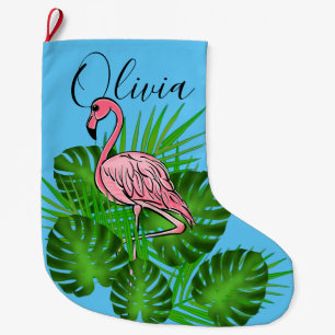 Calcetín Navideño Grande Flamingo rosa, hojas tropicales