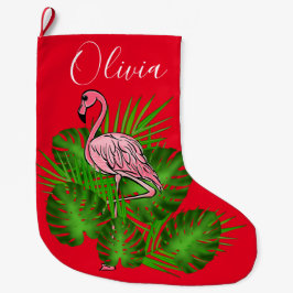Calcetín Navideño Grande Flamingo rosa, hojas tropicales