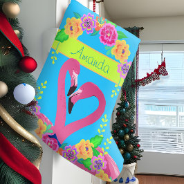 Calcetín Navideño Grande Flamingo rosa tropical colorido Florida divertido 