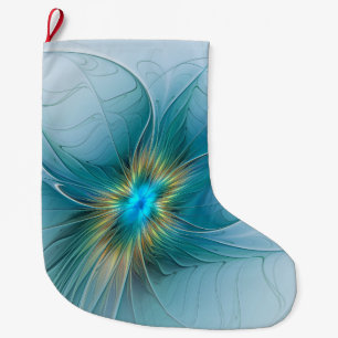 Calcetín Navideño Grande Flor de Arte Fractal de Oro Azul Pequeña Belleza