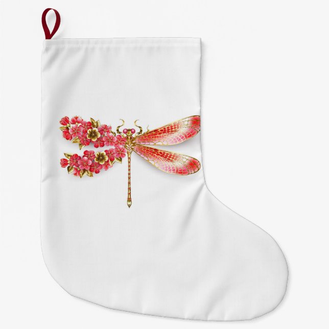 Calcetín Navideño Grande Flor libélula con sakura de joyas (Anverso)