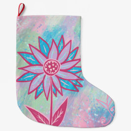 Calcetín Navideño Grande Flor Pastel dibujada a mano