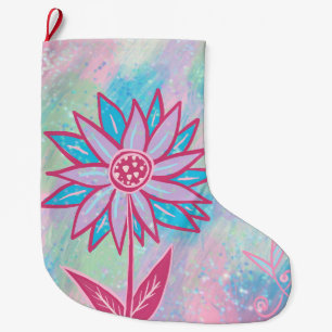 Calcetín Navideño Grande Flor Pastel dibujada a mano