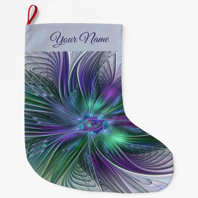 Calcetín Navideño Grande Flor verde púrpura Abstrato Art Fractal Nombre pro (Anverso)