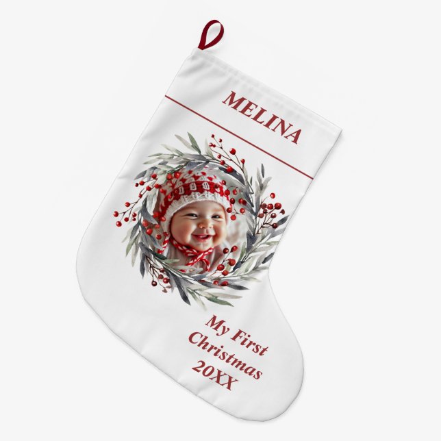 Calcetín Navideño Grande Floral bayas de flores Bebé primera foto de Navida (Frente (Colgado))