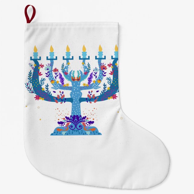 Calcetín Navideño Grande floral menorah hanukkah (Anverso)