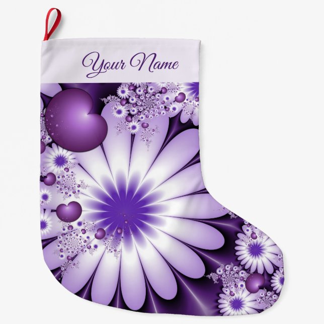 Calcetín Navideño Grande Flores abstractas modernas y nombre de arte fracta (Anverso)