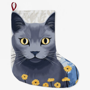 Calcetín Navideño Grande Flores amarillas de gato azul ruso