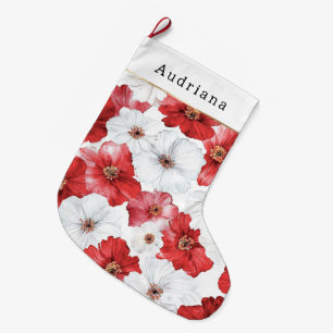 Calcetín Navideño Grande Flores Blancas Rojas Navidad