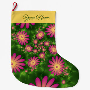 Calcetín Navideño Grande Flores De Fantasía Verde Rosa Resumen Nombre Fract
