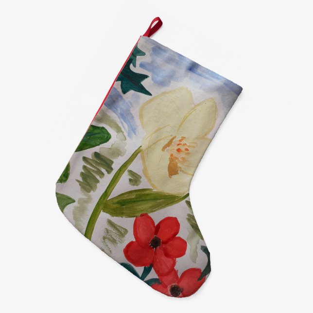 Calcetín Navideño Grande Flores de Invierno y Acebo (Frente (Colgado))