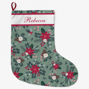 Calcetín Navideño Grande Flores de Navidades verdes rojas personalizadas