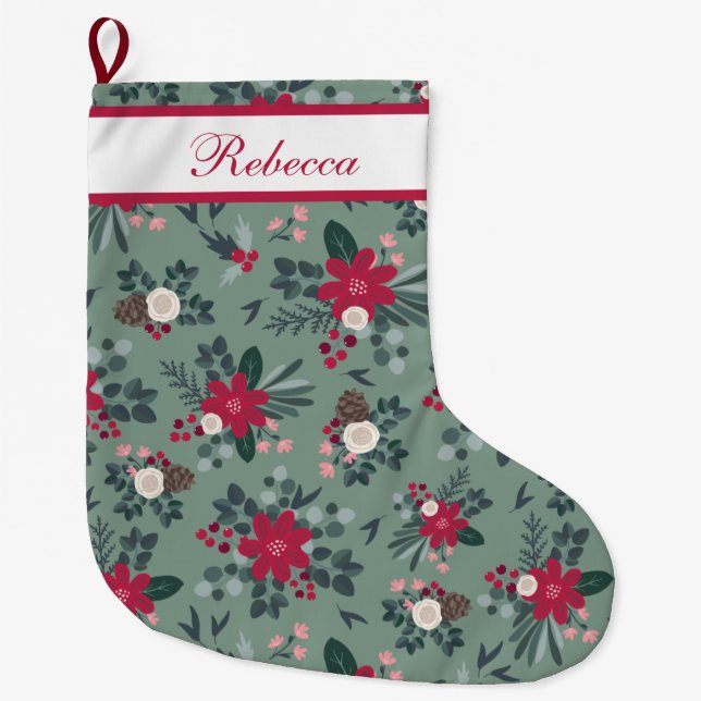 Calcetín Navideño Grande Flores de Navidades verdes rojas personalizadas (Anverso)