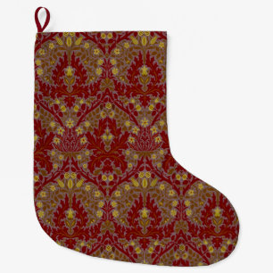 Calcetín Navideño Grande Flores de Otoño Vintage Rojo Dorado William Morris
