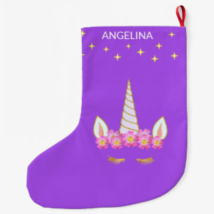 Calcetín Navideño Grande Flores de unicornio y estrellas de violeta