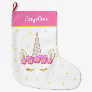 Calcetín Navideño Grande Flores de Unicornio y Estrellas sobre Rosa y Blanc