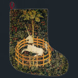 Calcetín Navideño Grande FLORES GÓTICAS de la FANTASÍA del UNICORNIO, verde<br><div class="desc">1495-1505 Netherland del sur. Unicornio capturado. Los remolinos florales verdes florecen con un unicornio que se sienta blanco,  elaboración digital de la tapicería antigua.</div>