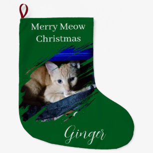 Calcetín Navideño Grande Foto de gato naranja personalizar texto