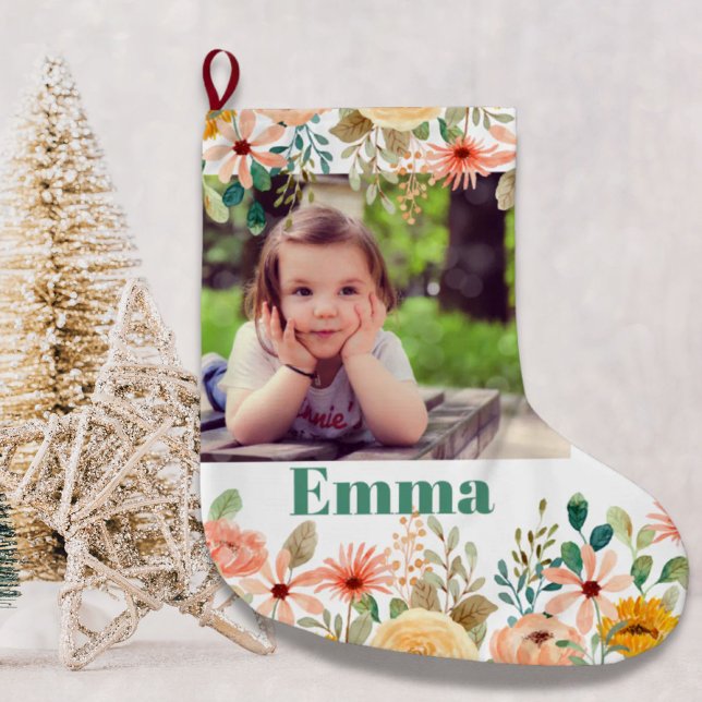 Calcetín Navideño Grande Foto de hija de flor personalizada hijo nieto (Floral Personalized Daughter Son Grandchild Photo Large Christmas Stocking)