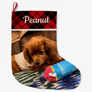 Calcetín Navideño Grande Foto de mascota Cuadro rojo reversible personaliza
