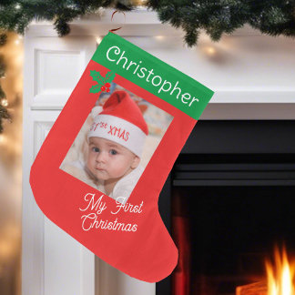 Calcetín Navideño Grande Foto del primer bebé nombre personalizado niño o C