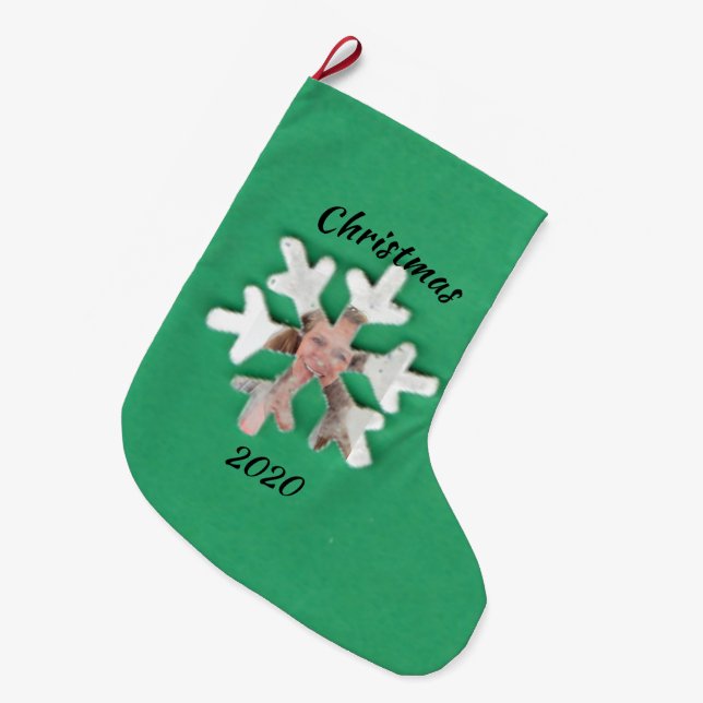 Calcetín Navideño Grande Foto personalizada Añadir copo de nieve en verde (Frente (Colgado))