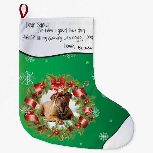 Calcetín Navideño Grande FOTO verde de Navidad para la foto de tu perro (Anverso)