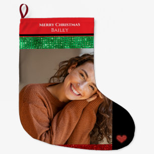 Calcetín Navideño Grande Fotos y nombre personalizados de Feliz Navidad
