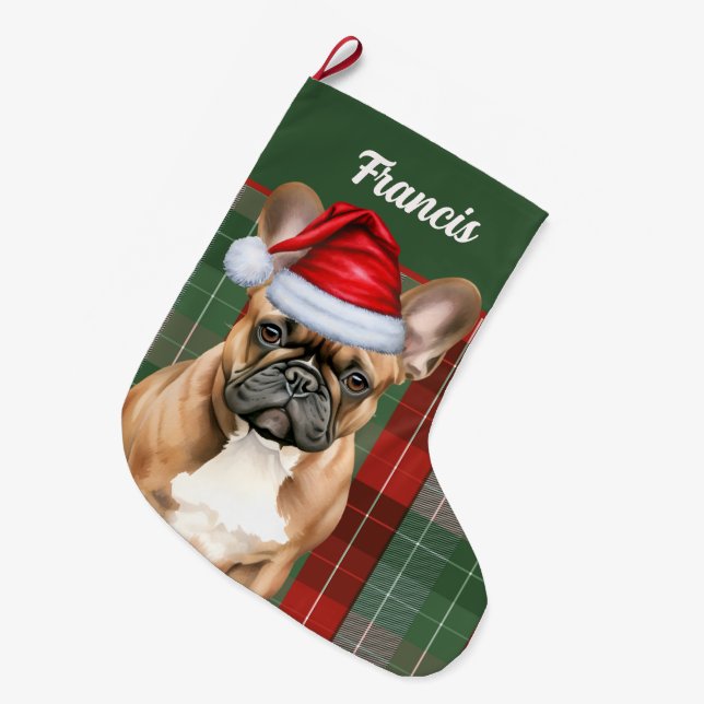 Calcetín Navideño Grande French Bulldog Holiday Plaid and Dogs Name (Frente (Colgado))