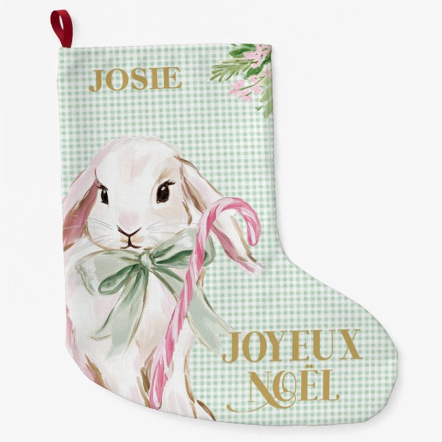 Calcetín Navideño Grande French Bunny & Green Gingham Joyeux Noël (Anverso)