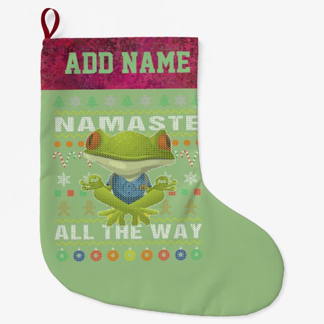 Calcetín Navideño Grande Frog Namaste hasta los Navidades feos (Anverso)