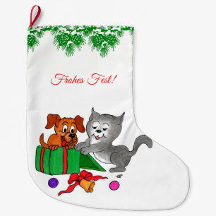 Calcetín Navideño Grande Fröhliche Weihnachten, Hund Katze auf Deutsch