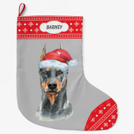 Calcetín Navideño Grande Frontera de copas de nieve de Santa Hat Doberman