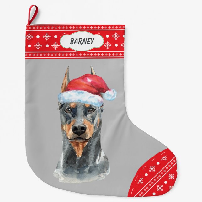 Calcetín Navideño Grande Frontera de copas de nieve de Santa Hat Doberman (Anverso)