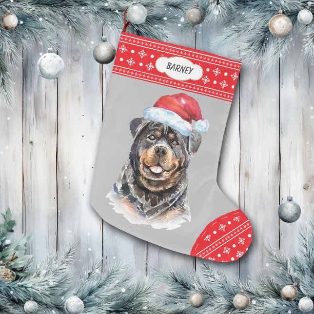 Calcetín Navideño Grande Frontera de copas de nieve de Santa Hat Rottweiler (Subido por el creador)