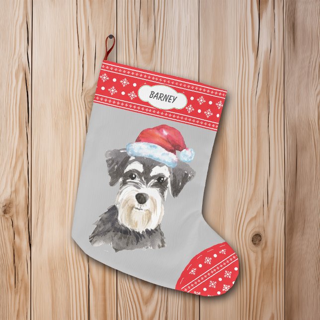 Calcetín Navideño Grande Frontera de copas de nieve de Santa Hat Schnauzer (Subido por el creador)