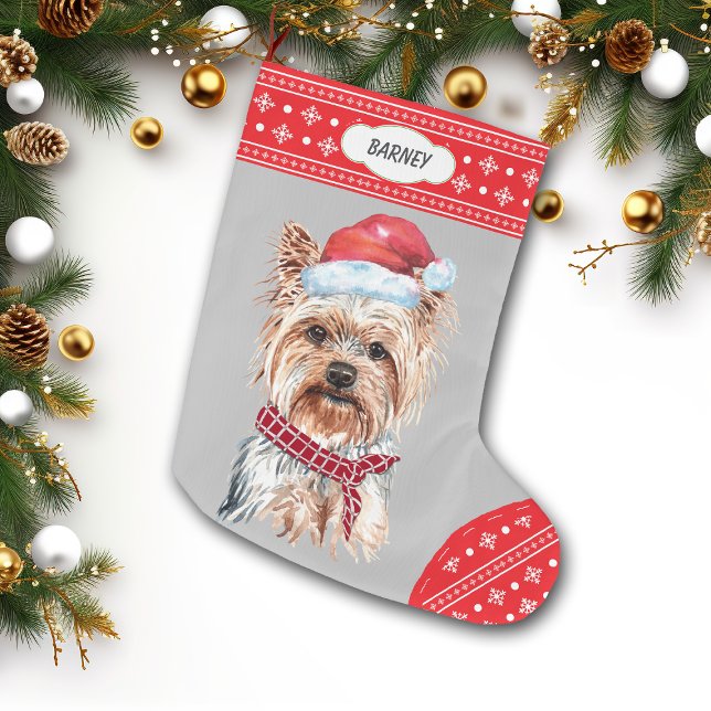 Calcetín Navideño Grande Frontera Snowflake de Santa Hat Yorkie (Subido por el creador)