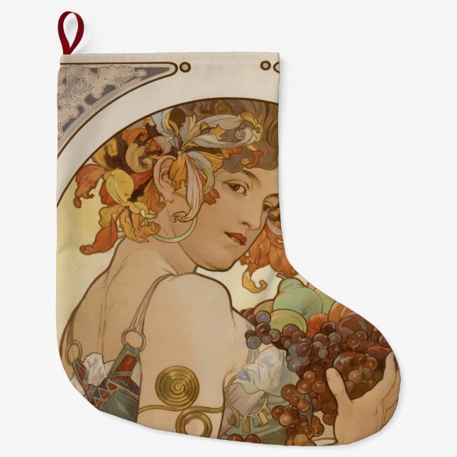 Calcetín Navideño Grande Fruta (Art Nouveau) (retrato femenino) (frutas) (Anverso)