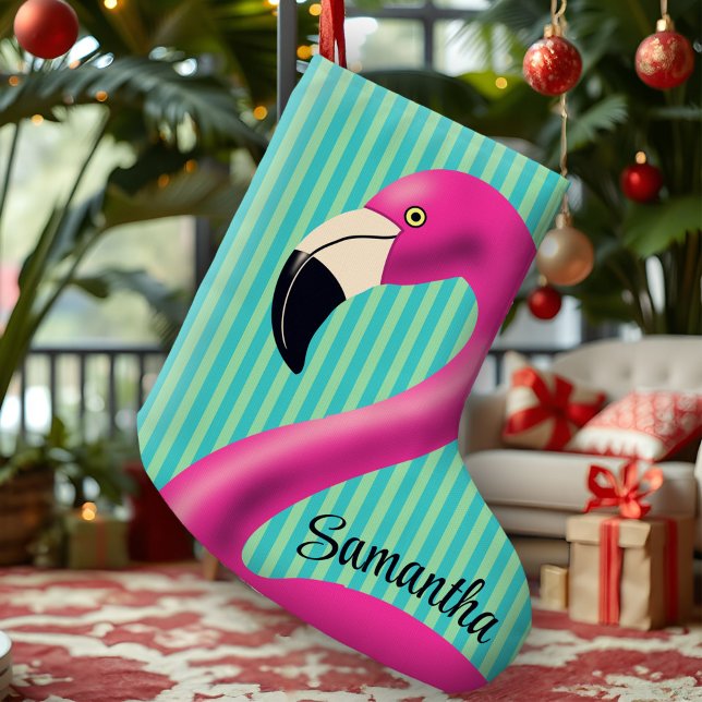 Calcetín Navideño Grande Fun Flamingo Hot Pink Aqua Stripes Modern Tropical (Vibrant personalized flamingo stocking with hot pink and aqua stripes for a tropical holiday.)