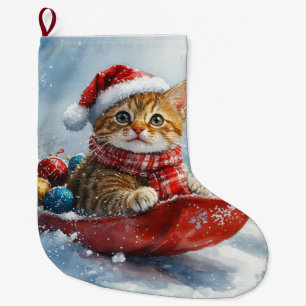 Calcetín Navideño Grande Gato abisinio en trineo Deja que nieve Navidad