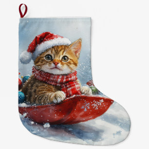 Calcetín Navideño Grande Gato abisinio en trineo Deja que nieve Navidad