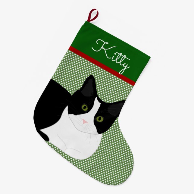 Calcetín Navideño Grande Gato Blanco Y Negro Personalizado (Frente (Colgado))