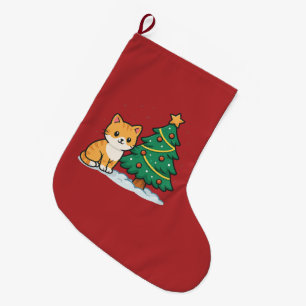 Calcetín Navideño Grande Gato de dibujos animados junto al árbol de Navidad