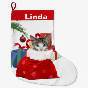 Calcetín Navideño Grande Gato en el bolso con los presentes, personalizable