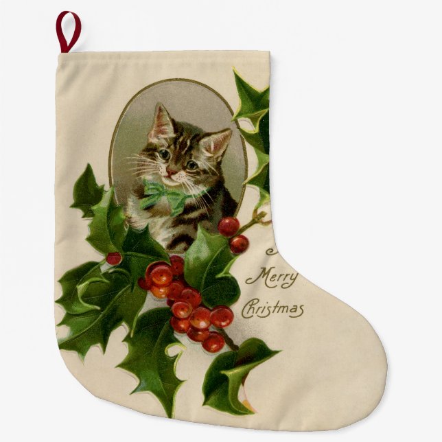 Calcetín Navideño Grande Gato Navidades Merry Holly Kitten Arte Antiguo (Anverso)