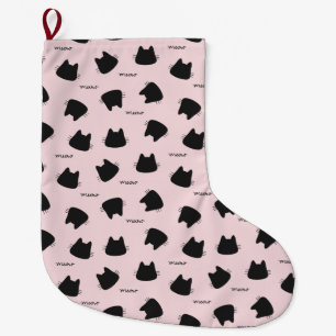 Calcetín Navideño Grande Gato Negro Adorable Patrón Rosa Meow Gatito