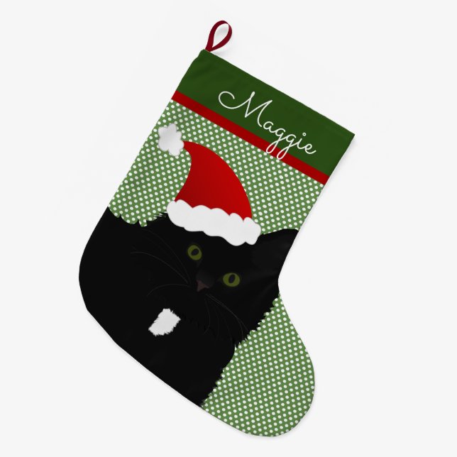 Calcetín Navideño Grande Gato negro de los ojos verdes de Santa (Frente (Colgado))