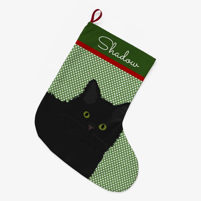 Calcetín Navideño Grande Gato negro de pelo largo personalizado (Frente (Colgado))